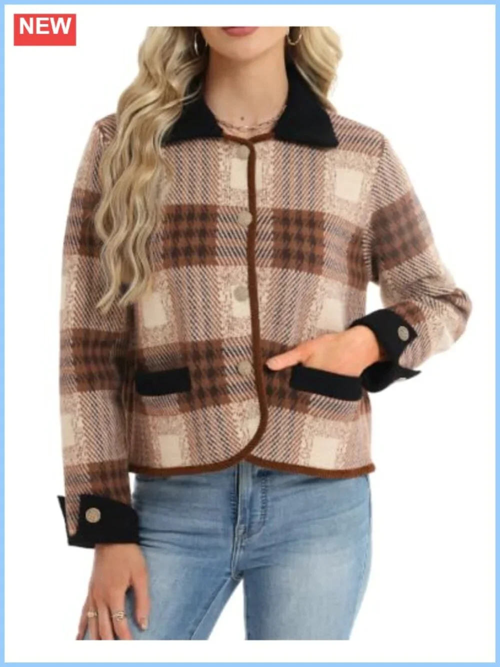 Vintage Plaid Print Cardigan Sweater with Pockets - Long Sleeve Button Down